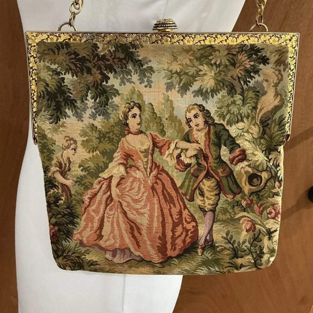 Vintage Delill Tapestry Frame Kisslock Clutch Bag Chain Strap French Rococo 50s